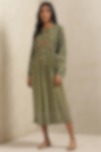 Olive Green Rayon Printed Dress by Ritu Kumar