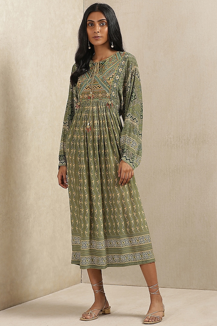 Olive Green Rayon Printed Dress by Ritu Kumar
