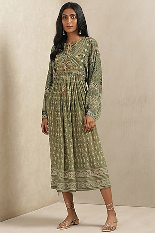 Olive Green Rayon Printed Dress by Ritu Kumar
