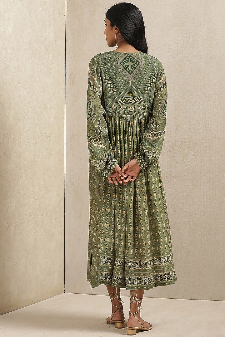 Olive Green Rayon Printed Summer Dress by Ritu Kumar at Pernia's Pop Up Shop