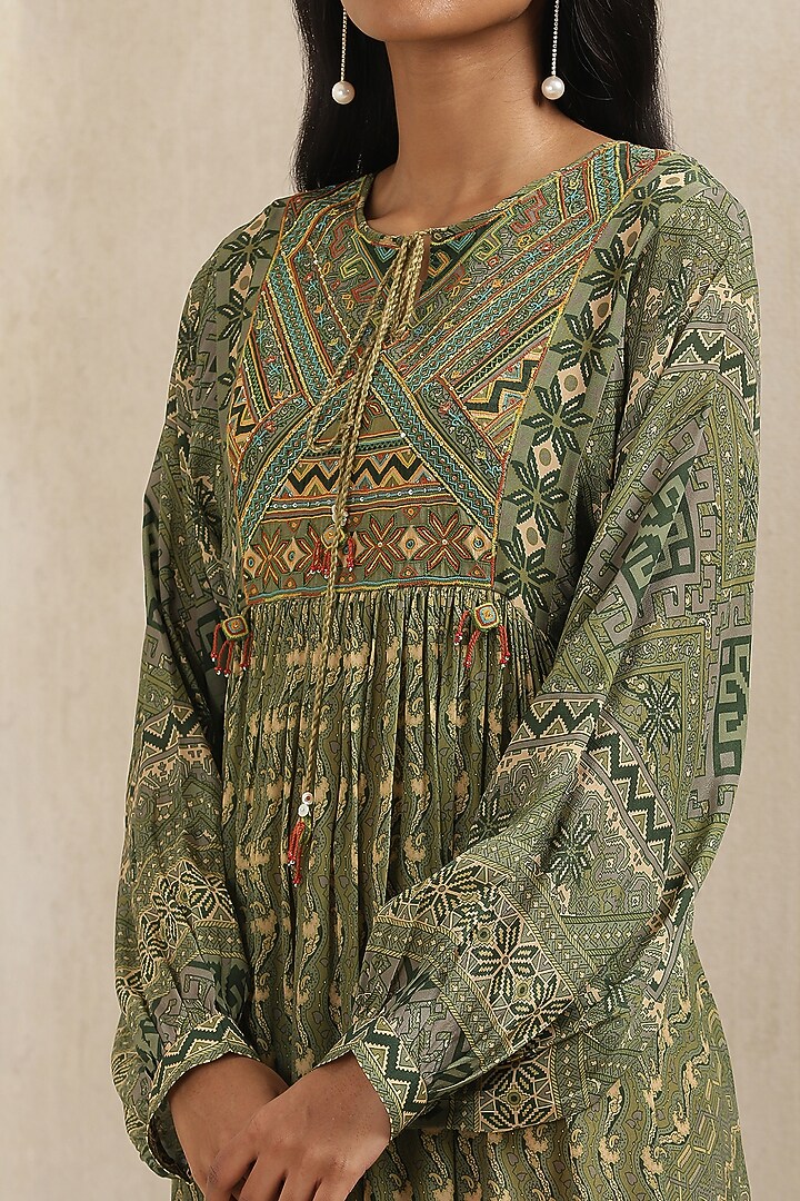 Olive Green Rayon Printed Summer Dress by Ritu Kumar at Pernia's Pop Up Shop