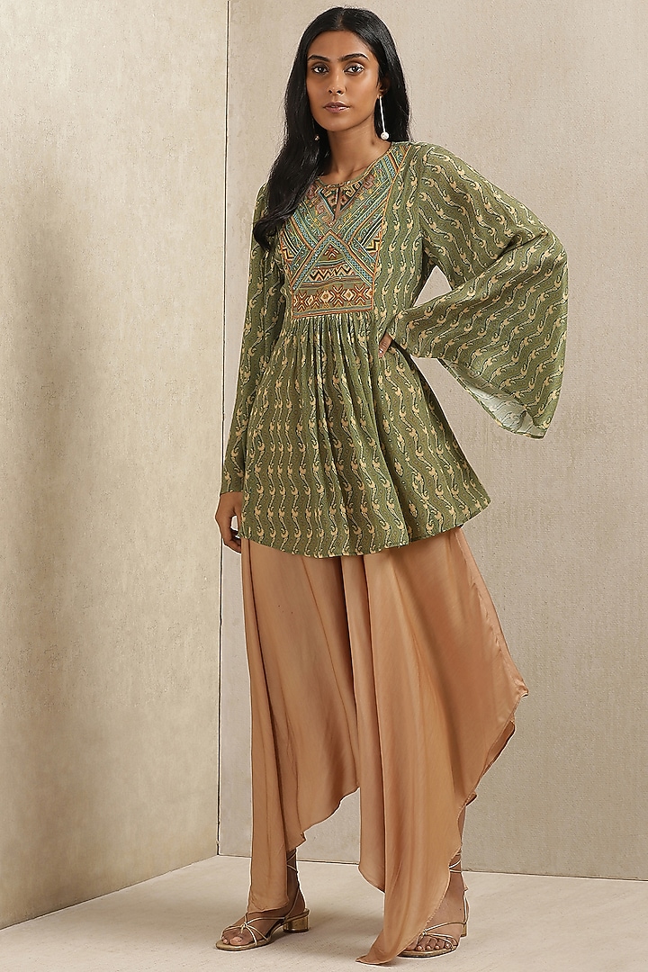 Olive Green Printed Short Kurta by Ritu Kumar at Pernia's Pop Up Shop
