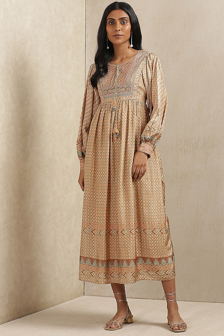 Beige Printed Midi Dress by Ritu Kumar