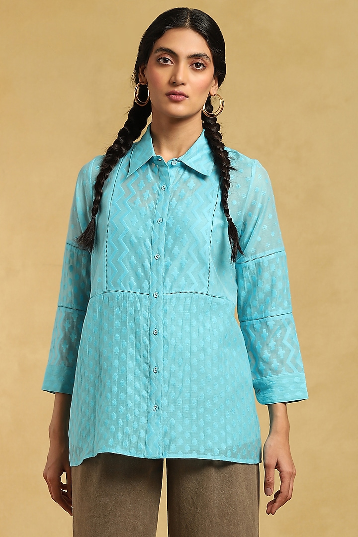 Blue Chanderi Shirt by Ritu Kumar at Pernia's Pop Up Shop