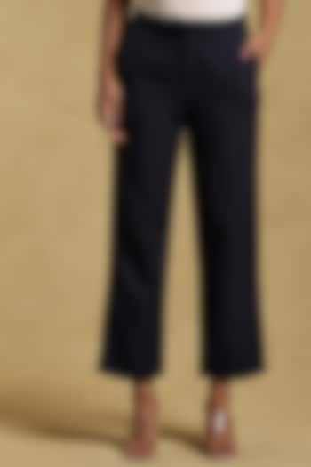 Navy Polyester & Spandex Straight Pants by Ritu Kumar at Pernia's Pop Up Shop