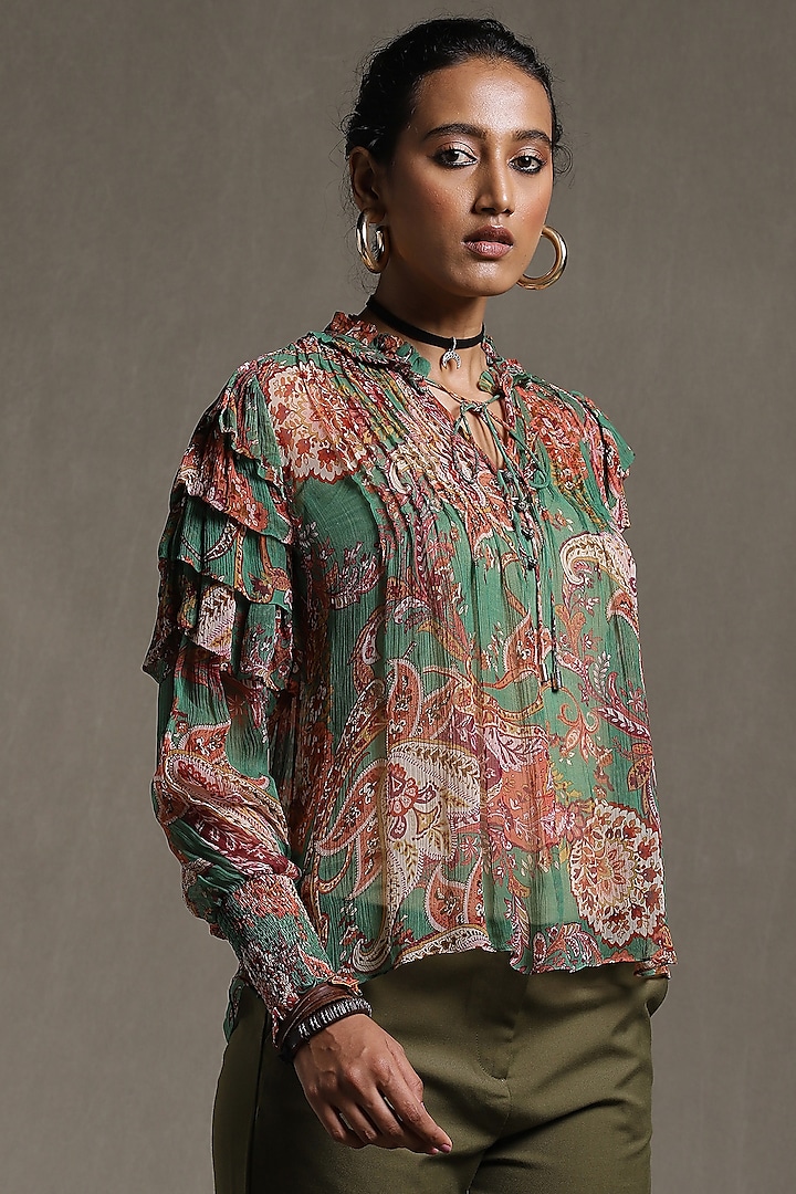 Green Viscose Chiffon Printed Top by Ritu Kumar at Pernia's Pop Up Shop