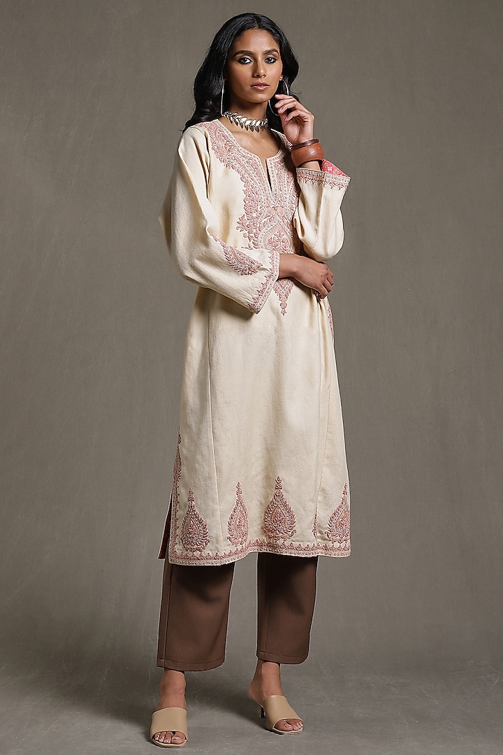 Off-White Wool Embroidered Kaftan by Ritu Kumar at Pernia's Pop Up Shop