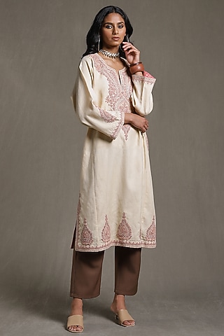 Off-White Wool Embroidered Kaftan by Ritu Kumar
