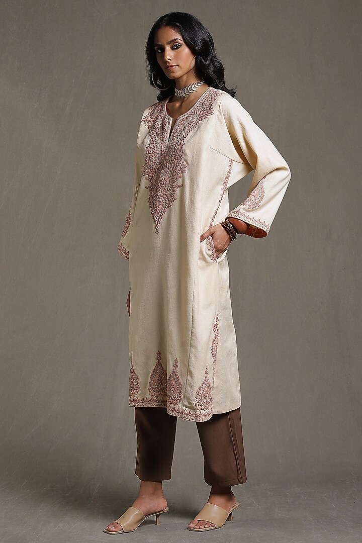 Off-White Wool Embroidered Kaftan by Ritu Kumar at Pernia's Pop Up Shop