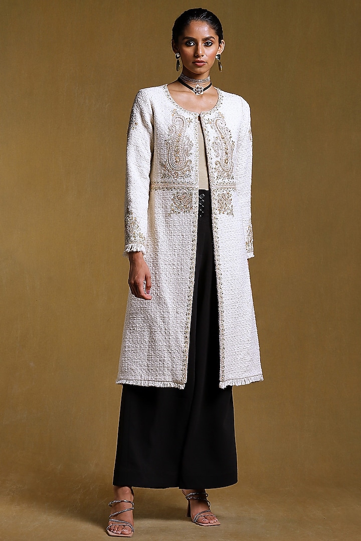 Off-White Cotton Boucle Embroidered Long Jacket by Ritu Kumar
