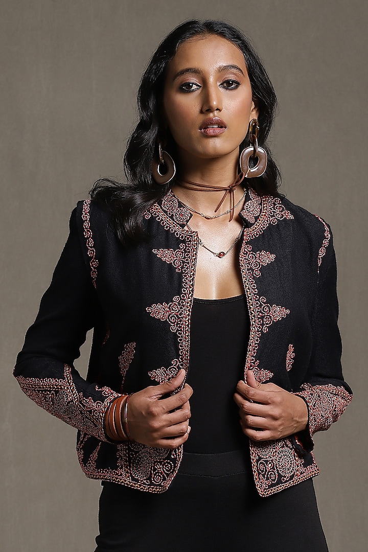 Black Wool Embroidered Jacket by Ritu Kumar at Pernia's Pop Up Shop