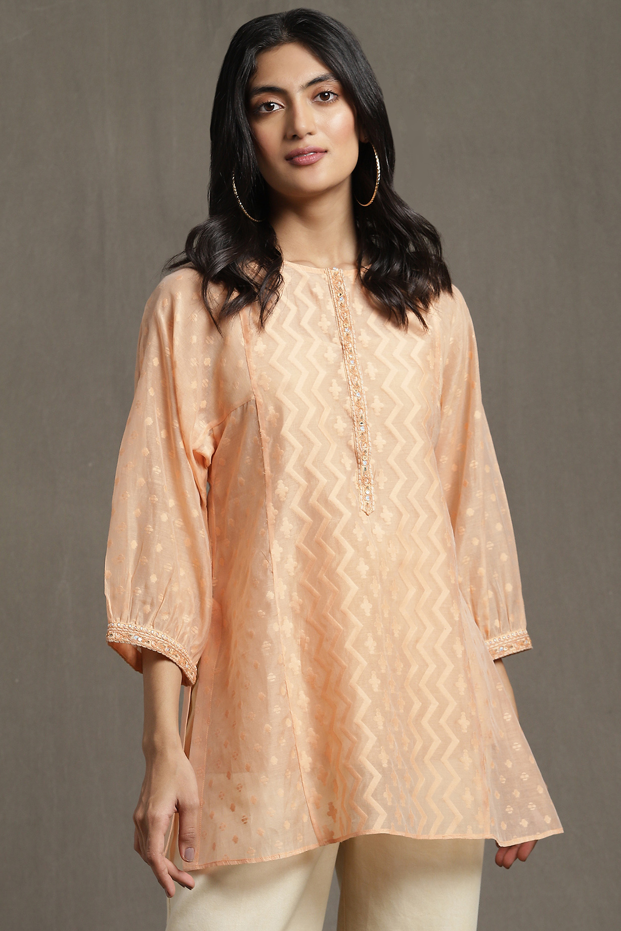 Peach Chanderi Embroidered Kurta by Ritu Kumar at Pernia's Pop Up Shop