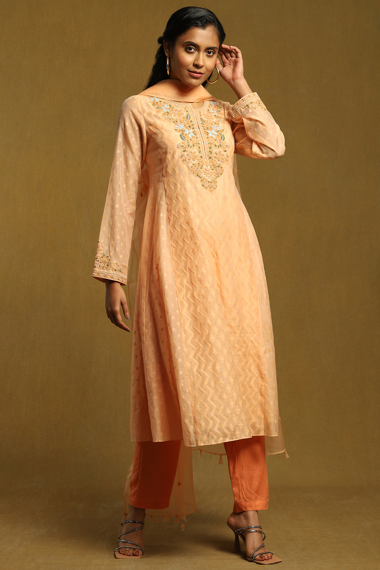 Peach Chanderi Embroidered Party Wear Sharara Set by Ritu Kumar at Pernia's Pop Up Shop