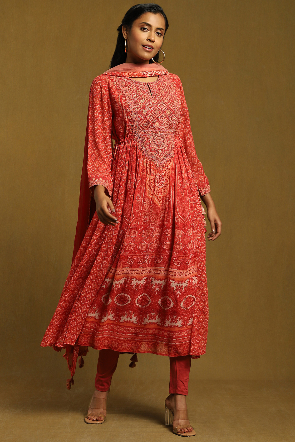 Red Viscose Chiffon Printed Kurta Set by Ritu Kumar at Pernia's Pop Up Shop