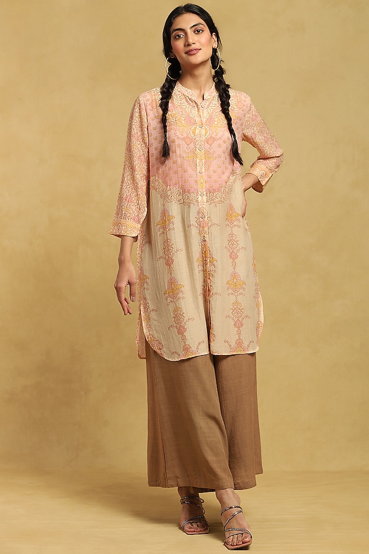 Beige Cotton Silk Printed Straight Shirt by Ritu Kumar at Pernia's Pop Up Shop