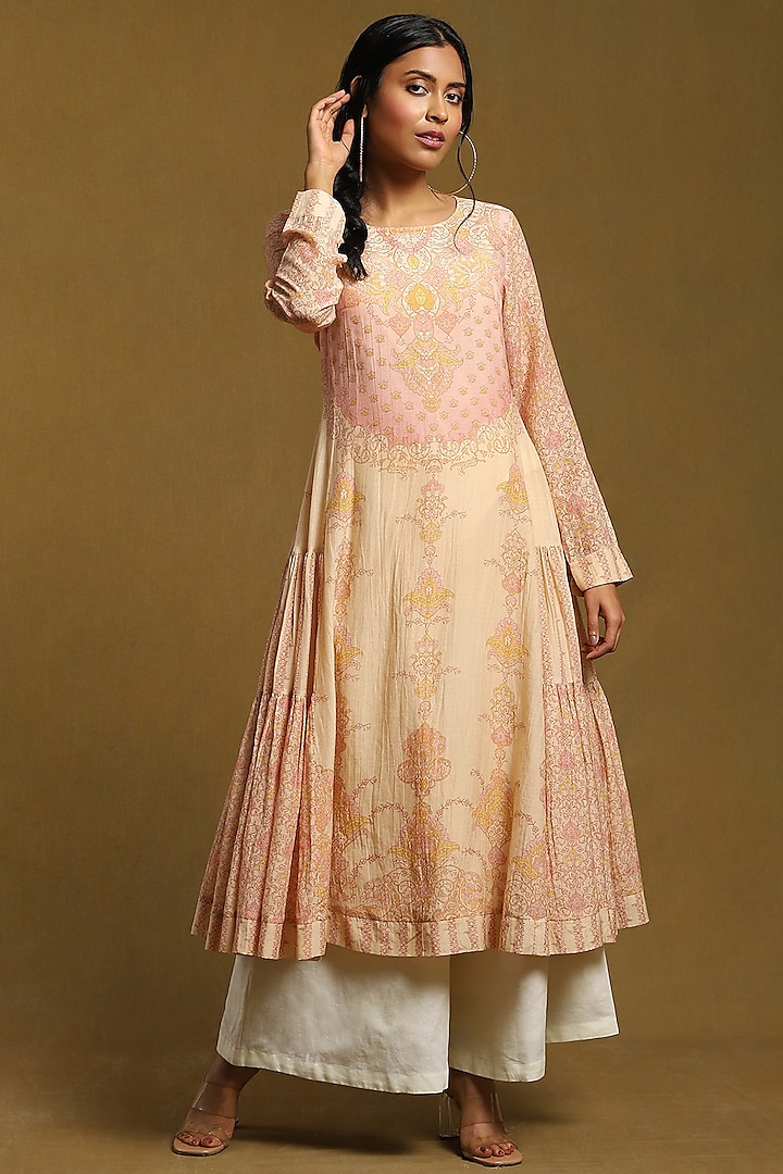 Beige Printed Tiered Maxi Dress by Ritu Kumar
