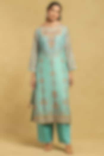 Aqua Blue Cotton Silk Printed Kurta Set by Ritu Kumar at Pernia's Pop Up Shop