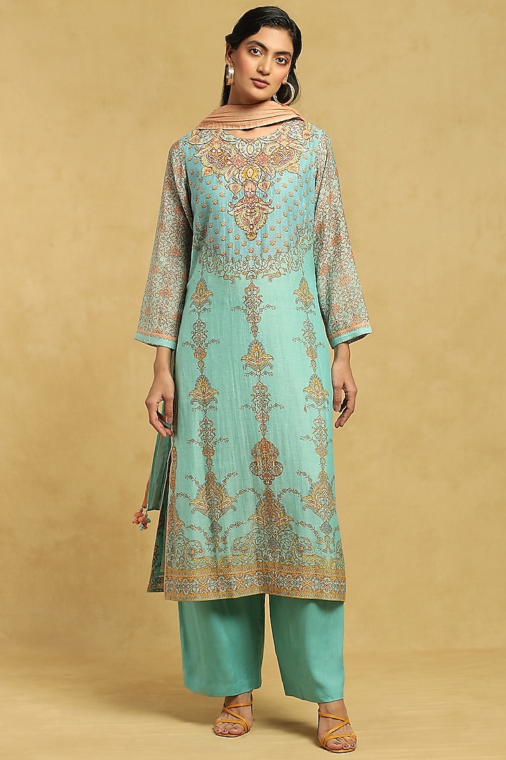Aqua Blue Cotton Silk Printed Kurta Set by Ritu Kumar at Pernia's Pop Up Shop