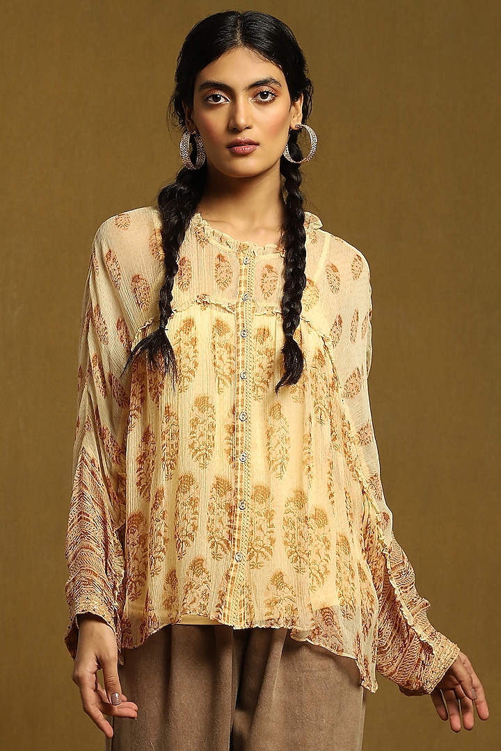 Beige Viscose Chiffon Printed Shirt by Ritu Kumar at Pernia's Pop Up Shop