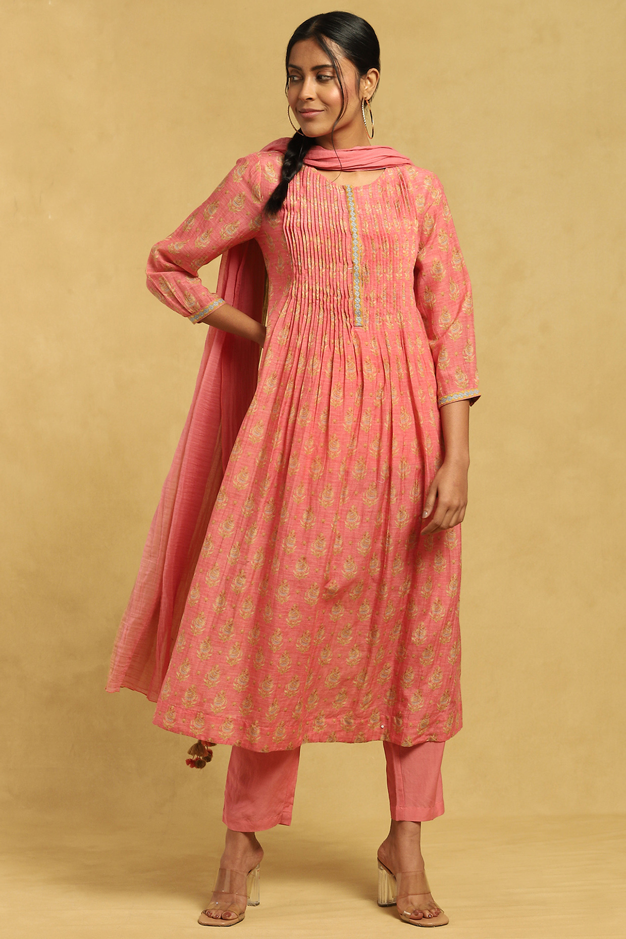 Peach Cotton Silk Printed Kurta Set by Ritu Kumar at Pernia's Pop Up Shop