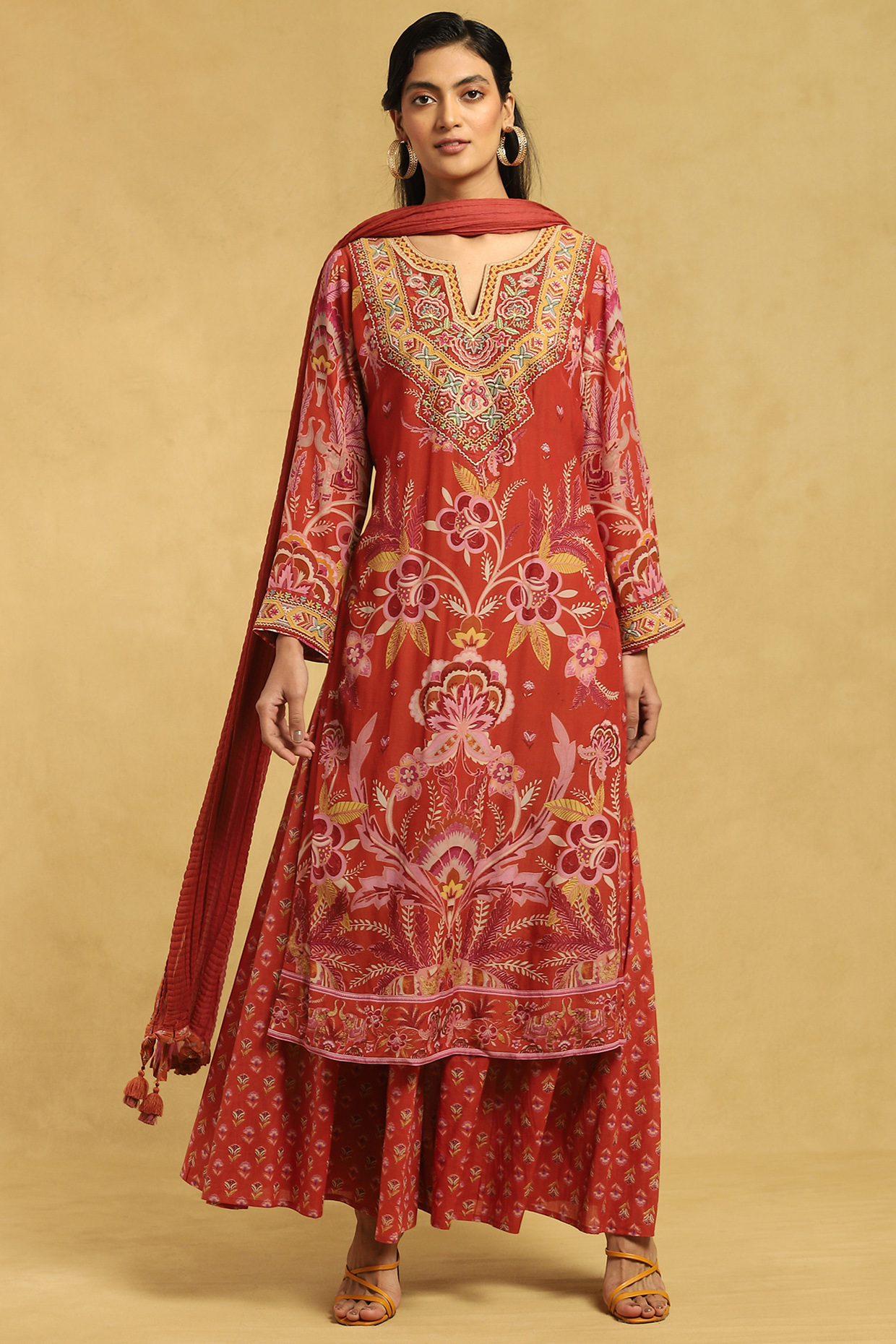 Red Floral Printed & Embroidered Kurta Set by Ritu Kumar at Pernia's Pop Up Shop