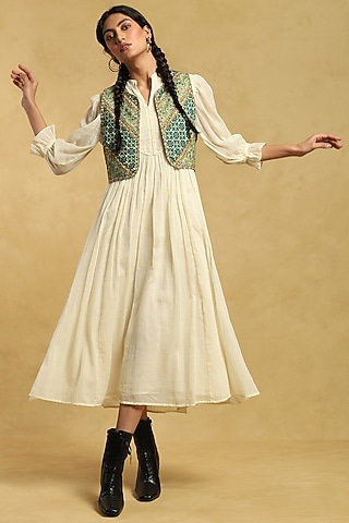 Off White Maxi Dress With Embroidered Waist Coat by Ritu Kumar