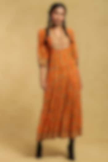 Rust Orange Printed Tiered Maxi Dress by Ritu Kumar