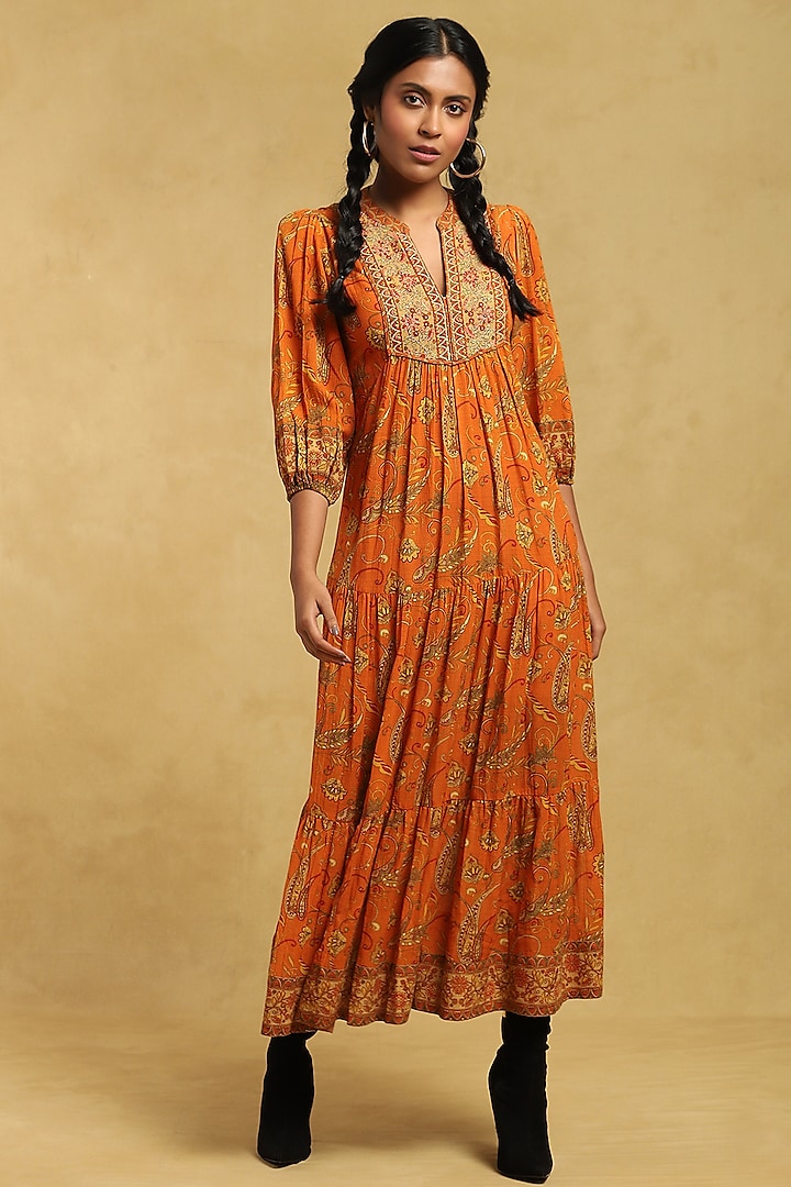Rust Orange Printed Tiered Maxi Dress by Ritu Kumar
