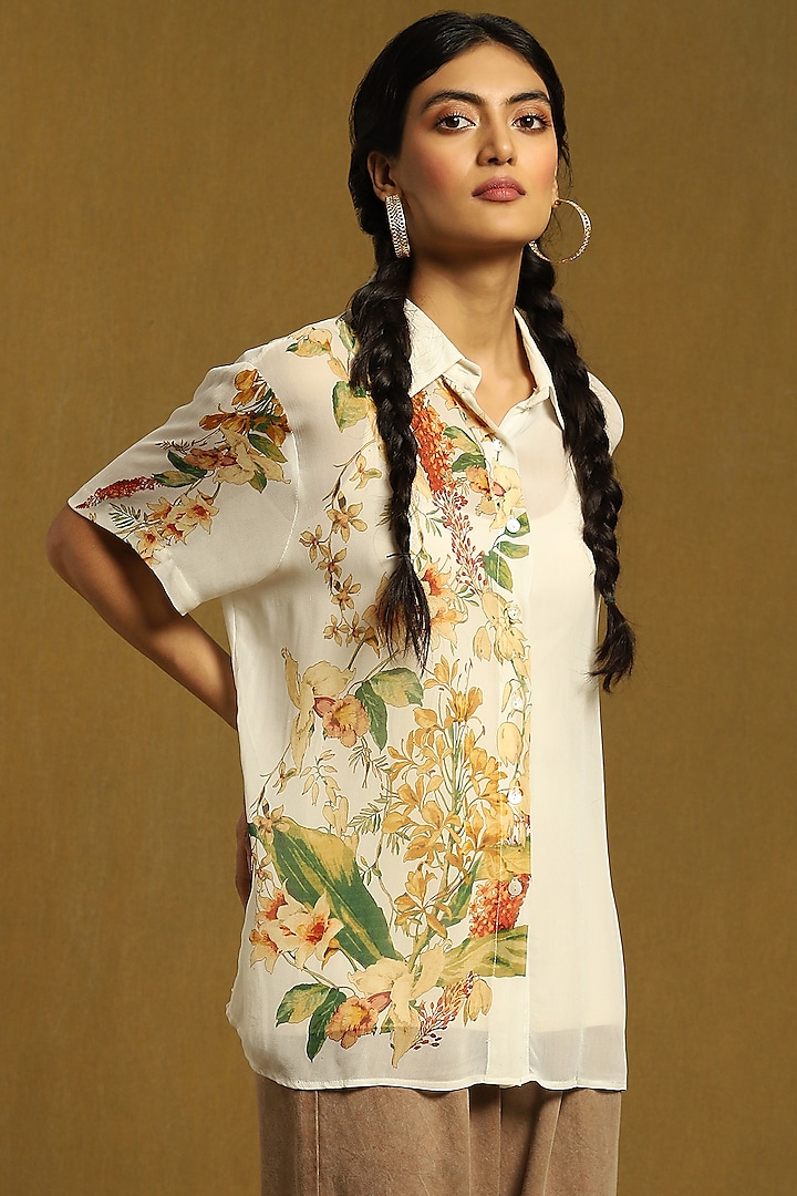 Off-White Viscose Georgette Printed Shirt by Ritu Kumar at Pernia's Pop Up Shop