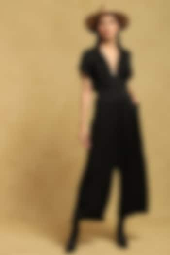 Black Dehri Satin Jumpsuit by Ritu Kumar at Pernia's Pop Up Shop