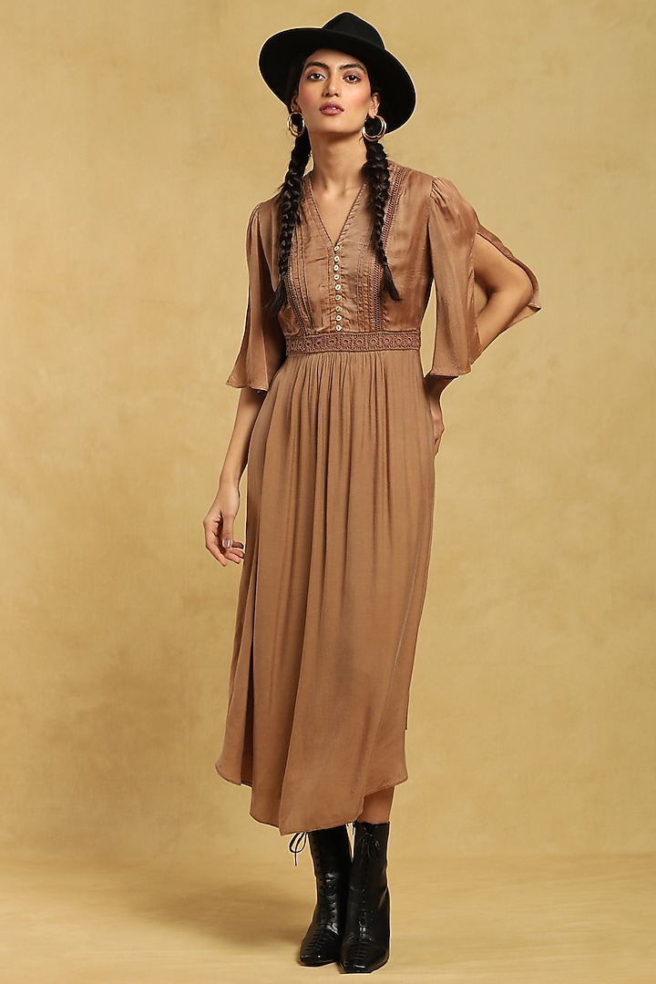 Brown Dehri Satin Maxi Summer Dress by Ritu Kumar at Pernia's Pop Up Shop