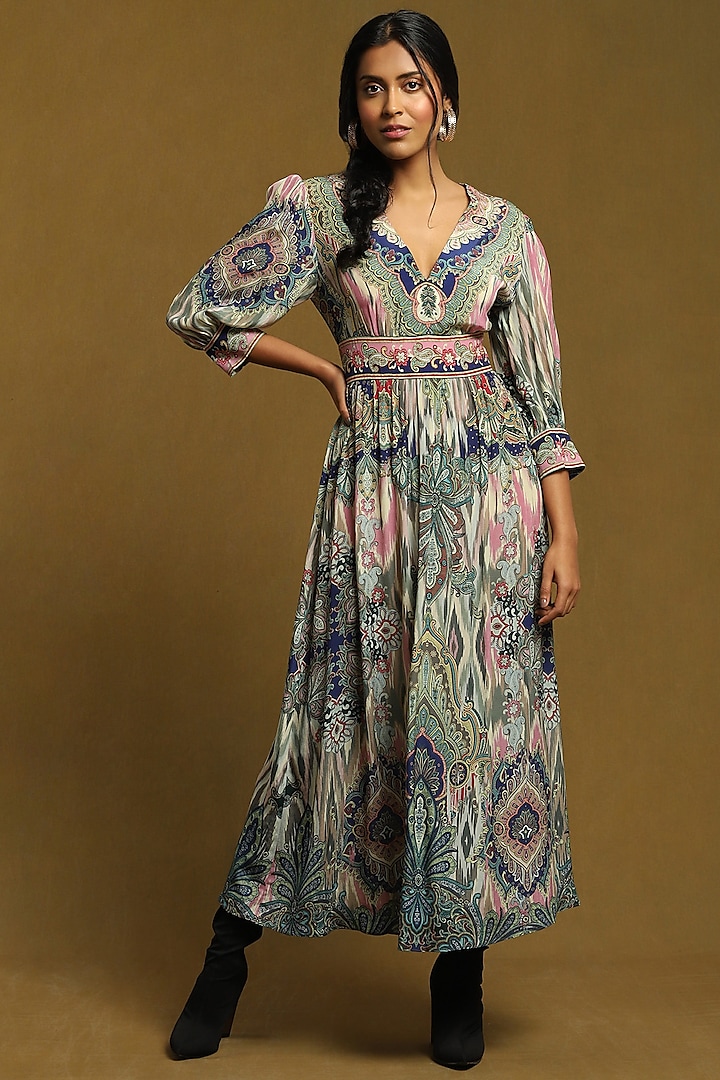 Blue Printed Maxi Dress by Ritu Kumar