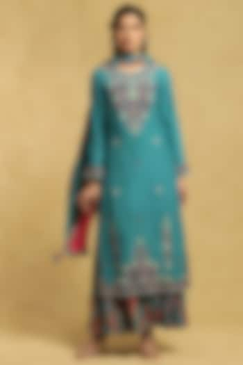 Teal Green Embroidered Kurta Set by Ritu Kumar at Pernia's Pop Up Shop