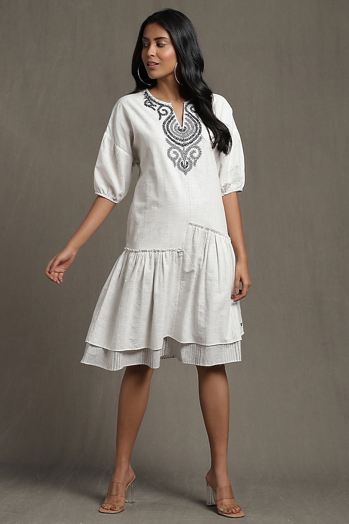 White Cotton Flex Embroidered Summer Dress by Ritu Kumar at Pernia's Pop Up Shop
