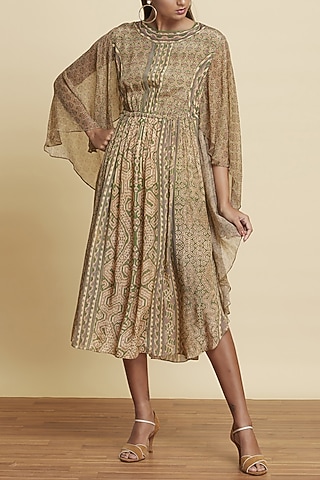 Beige & Green Printed Dress by Ritu Kumar