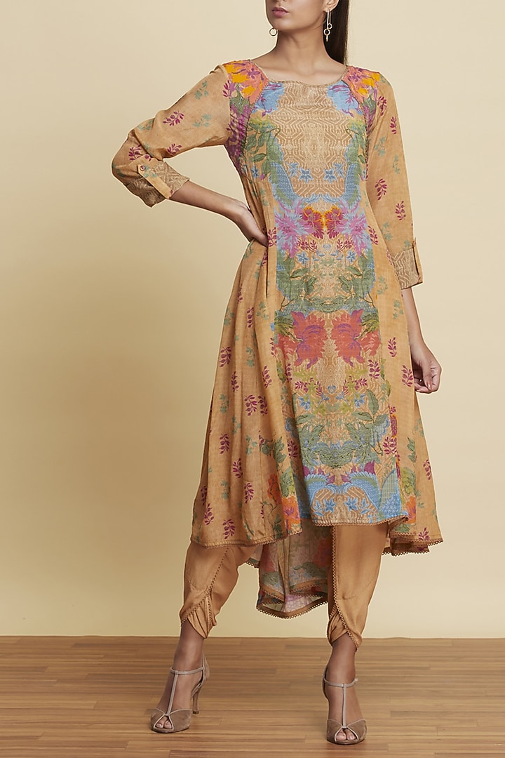 Ochre Brown Printed Kurta With Dhoti Pants by Ritu Kumar at Pernia's Pop Up Shop