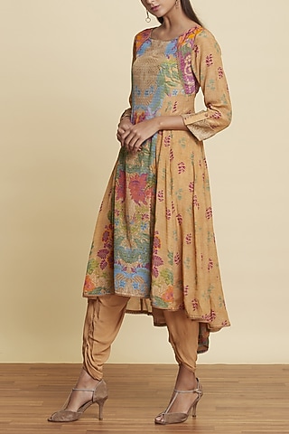 Ochre Brown Printed Kurta With Dhoti Pants by Ritu Kumar
