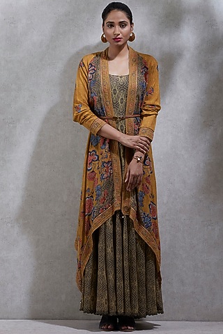 Mustard Yellow Kurta With Printed Cape by Ritu Kumar