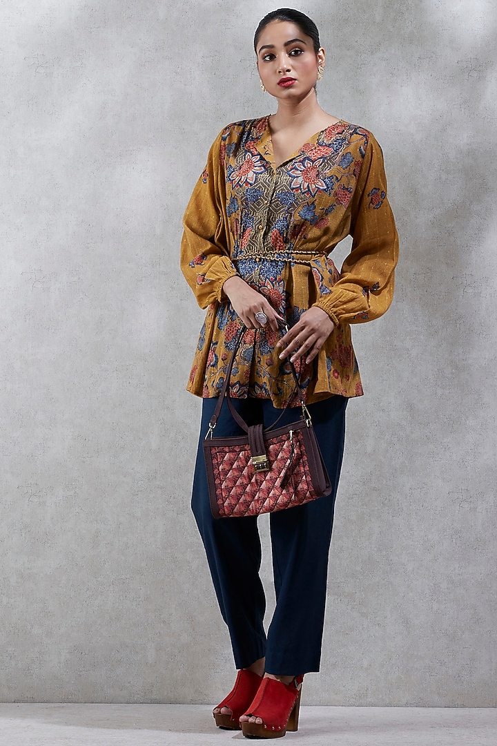 Mustard Yellow Printed Short Kurta by Ritu Kumar at Pernia's Pop Up Shop