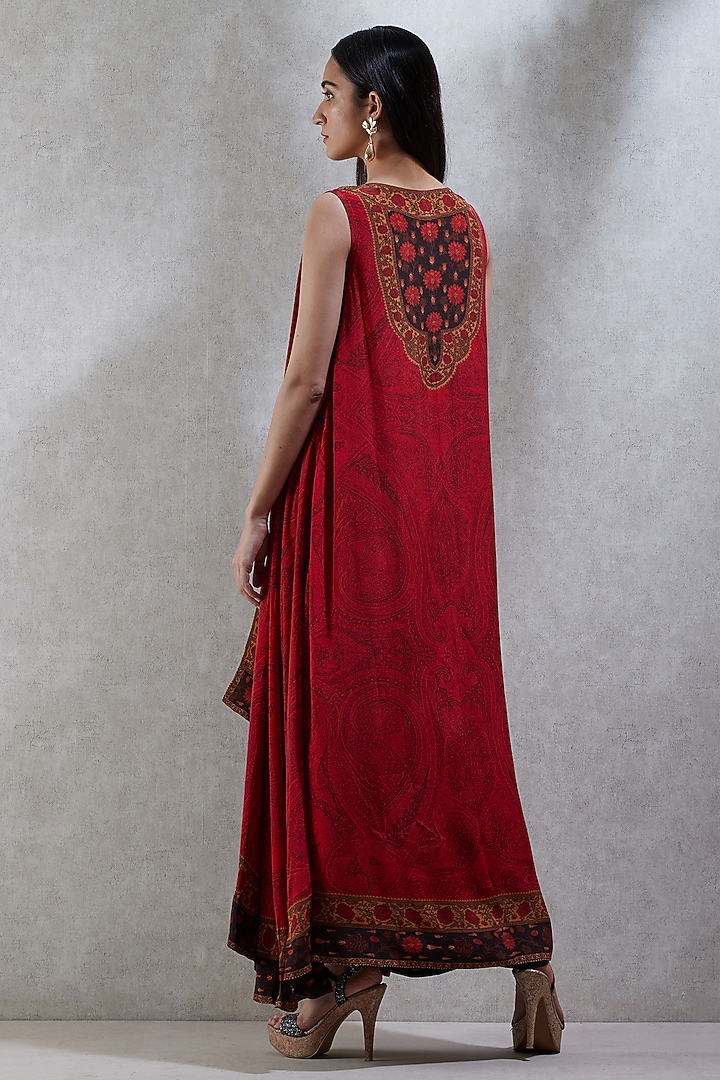 Brick Red Sleeveless Cape With Black Inner & Palazzo Pants by Ritu Kumar at Pernia's Pop Up Shop