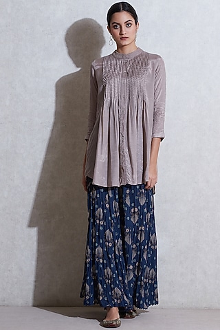 Navy Blue Printed Palazzo Pants by Ritu Kumar