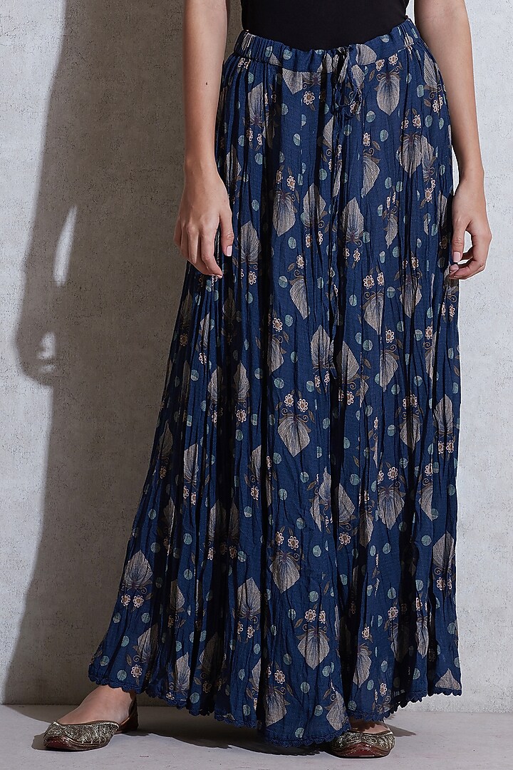 Navy Blue Printed Palazzo Pants by Ritu Kumar at Pernia's Pop Up Shop