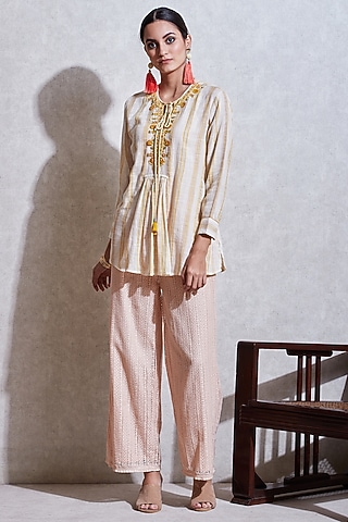 Rose Pink Palazzo Pants With Self Work by Ritu Kumar