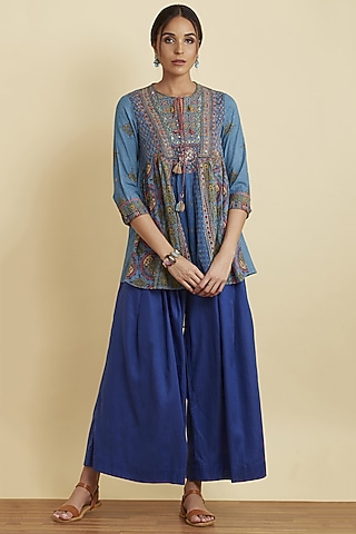 Navy Blue Flared Palazzo Pants by Ritu Kumar
