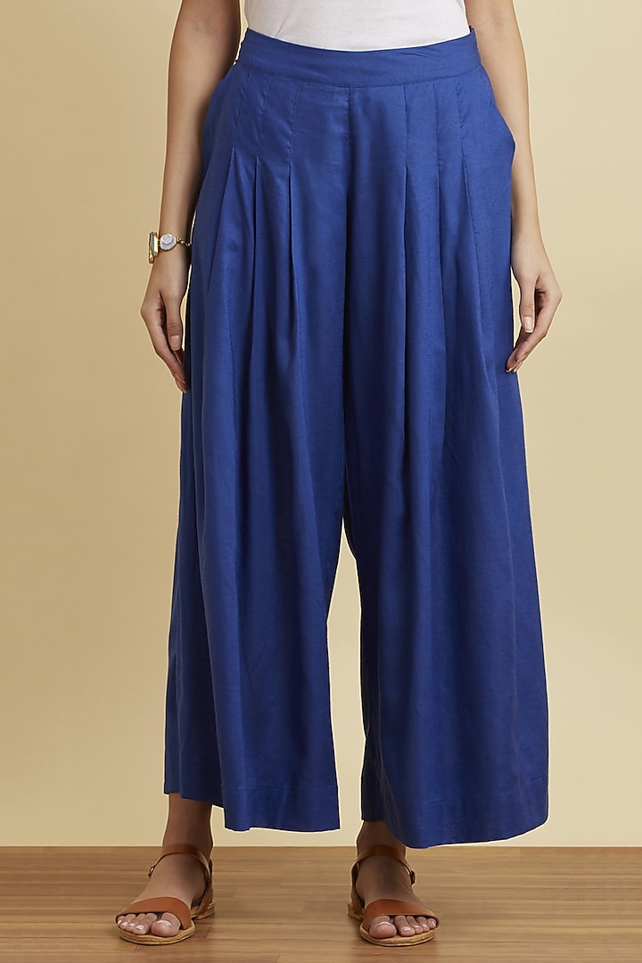 Navy Blue Flared Palazzo Pants by Ritu Kumar at Pernia's Pop Up Shop