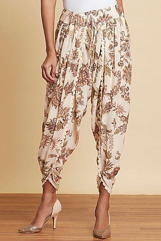 Ecru White Printed Dhoti Pants by Ritu Kumar