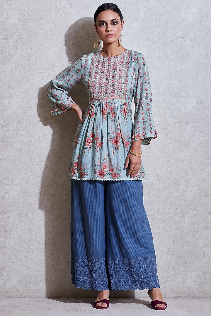 Indigo Blue Schiffli Palazzo Pants by Ritu Kumar at Pernia's Pop Up Shop