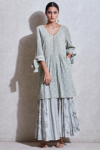 Sage Green Floral Flared Palazzo Pants by Ritu Kumar