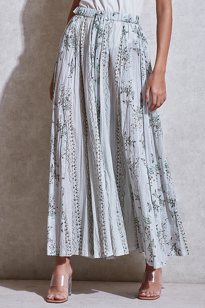 Sage Green Floral Flared Palazzo Pants by Ritu Kumar at Pernia's Pop Up Shop