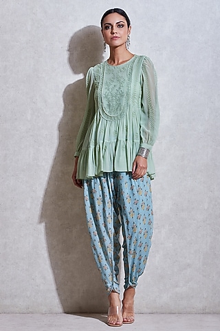 Sea Green Floral Dhoti Pants by Ritu Kumar
